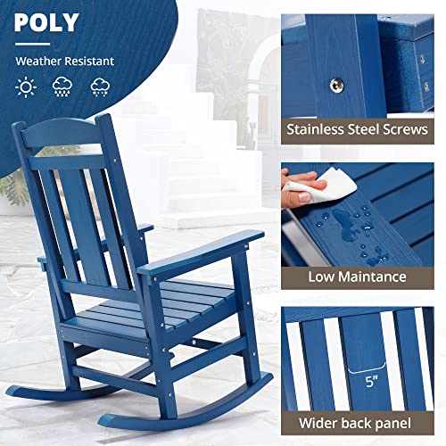 Lue Bona Outdoor Rocking Chairs Set Of 2, Weather Resistant Poly Plastic Rocker Chairs, 350Lb Heavy Duty, Oversized Porch Rocker For Adult, High Back Smooth Rocking Chairs For Outdoor & Indoor, Blue #TOP3
