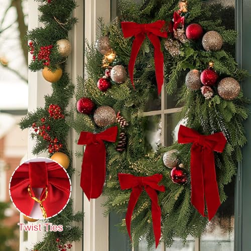 Christmas Decoration 24 Pcs 7x6 inch Christmas Bows Medium Red Velvet Bow | Xmas Ribbon Ornaments for Christmas Tree for Xmas - Home Decor for Wreath Garland Gift Wrapping Crafts Wedding Party - image 5