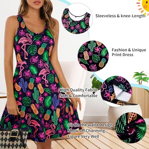 Image of uideazone Women Funny Print Sleeveless U Neck A Line Casual Midi Dress | Soft Stretchy Breathable Fabric Flared Swing Sundress Fitted Waist for Daily Wear 80 /90s Themed Party Beach Vacation Trips