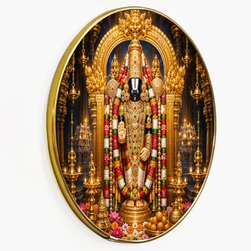 Image of PAINTINGMANTRA Lord Venkateswara Tirupati Balaji Framed Wall Art Painting For Living Room |Spiritual Tirumala Balaji Religious Poster with Round frame for Wall, Decoration item for Home, 12 Inch