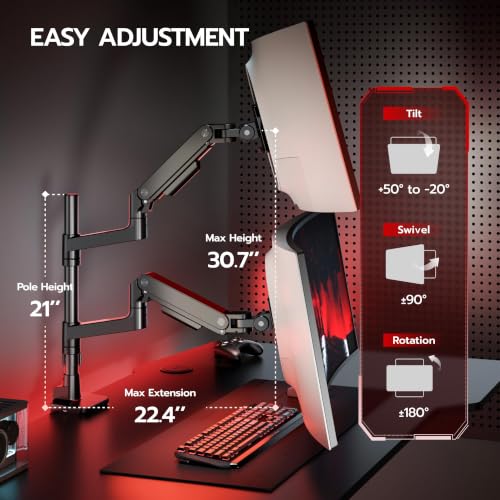Image of ARES WING Tall Vertical Dual Ultrawide Monitor Mount with USB for 17-49'' Screen, Holds 44 Lbs, Computer Arms for 2 Screens with Gas Spring, Adjustable Double Monitor Stand for Desk, Black