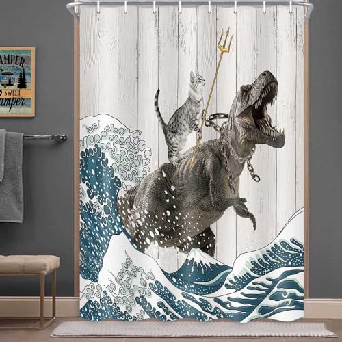 Image of Boziqr Funny Cat Shower Stall Curtain, Cool Cat Dinosaur Japanese Ocean Wave Decor Fabric RV Bathroom Curtains, Kids Children Rustic Wooden Farmhouse Shower Curtain, 47 X 64 Inches