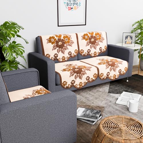Image of Kuber Industries (Set of 6) Stylish & Durable Cotton Sofa Covers 2+1 Seater | Washable Sofa Protector /Mat & Slipcover for Living Room & Office | Painting Print- Cream & Brown