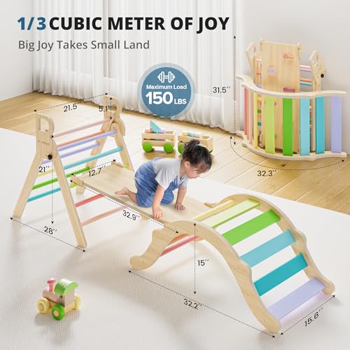 bluewood pikler triangle set toddler wooden climbing toys indoor 7in1 foldable climber for kids montessori philosophy play jungle gym with arch ramp ladder colorful spring