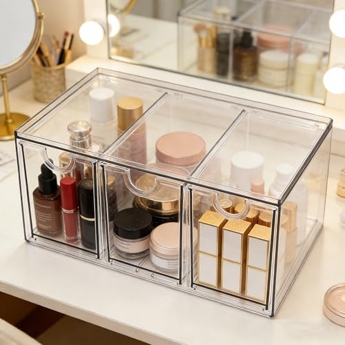Image of Prsildan Acrylic Makeup Organizer Stackable Storage Drawers with 3 Drawers for Office Desk Vanity Craft Room Clear Drawer Organizers for Hair Accessories Art Supplies Cosmetics Modular System