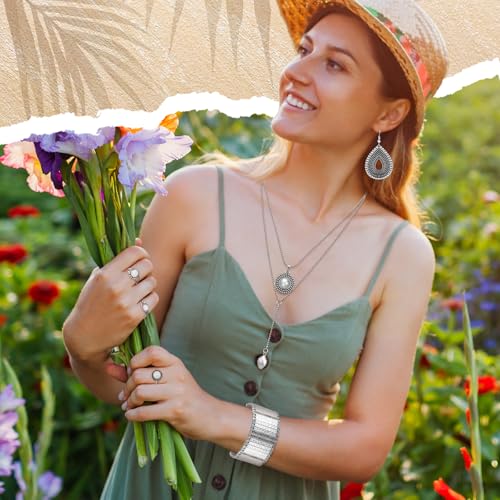 Image of Ecally Bohemian Western Jewelry Turquoise Set Women Country Pendant Long Choker Layered Bracelets Earrings Ring for Women