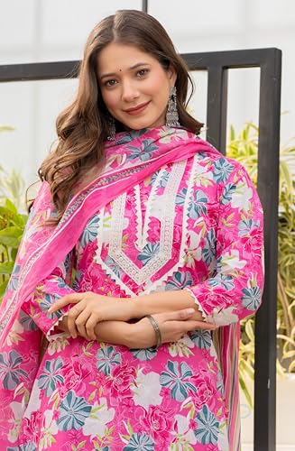 Image of Amayra Women's Pure Cotton Straight Kurta Set with Palazzo Pants & Dupatta|Ethnic wear|Kurti Suit Set for Women
