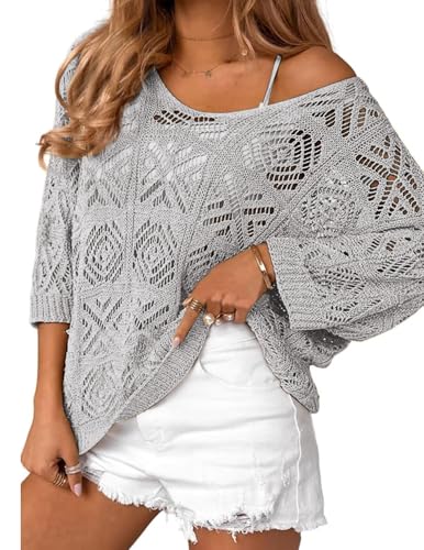 Image of Zeagoo Women's Summer Crochet Off the Shoulder Hollow Out Knit Tops 2026 V Neck 3 /4 Sleeve Sweater Top