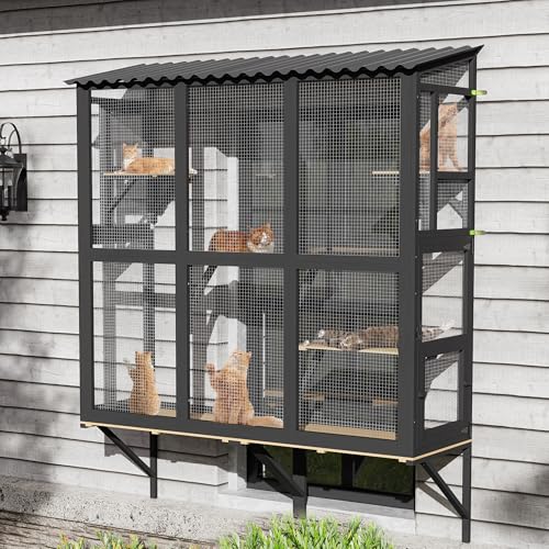 MAIBH Large Catio Cat Window Box, Outdoor Cats Window Perch Enclosure for Indoor Cats with 4 Jump Platforms & 4 Doors, Kitten Cat Patio House Connected with Tunnels, All Weather Use (Black)