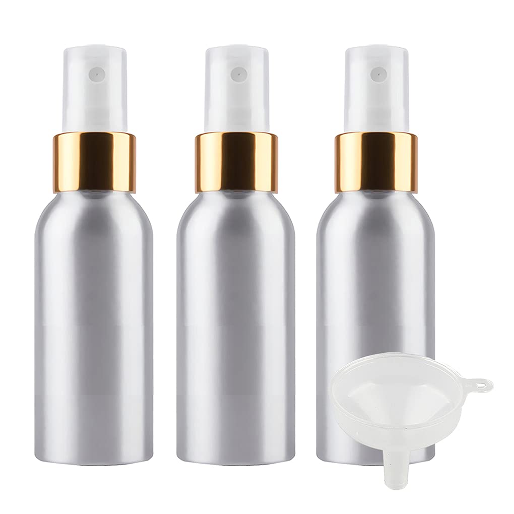 3 Pcs Empty 100ml Silver Aluminium Fine Mist Spray Bottle with White/Gold Spray Head, Refillable Travel Alu Bottles for Room Fragrances, Body Sprays, Perfumes, Hair, Garden with Funnel