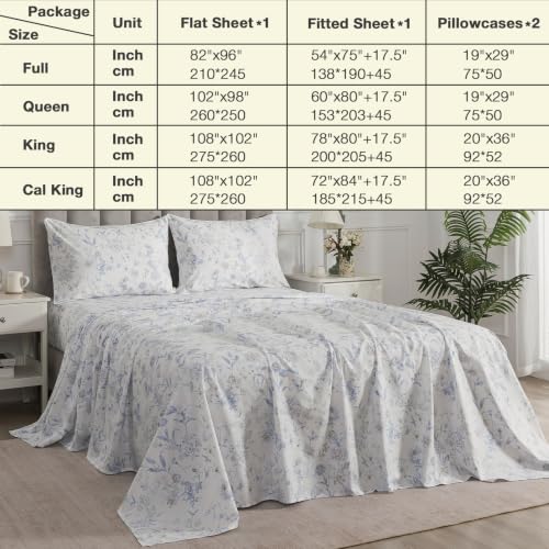 Image of Floral Percale Sheets California King, Deep Pocket, Blue & White
