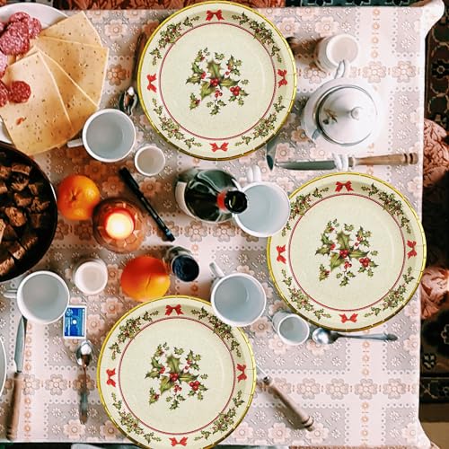 ceiba tree 48 Pack Christmas Paper Plates 24 Pcs 9" Disposable Paper Dinner Plates 24 PCS 7" Dessert Plates Christmas Holly Dinnerware Set for 24 Guests Party Supplies – Image 5