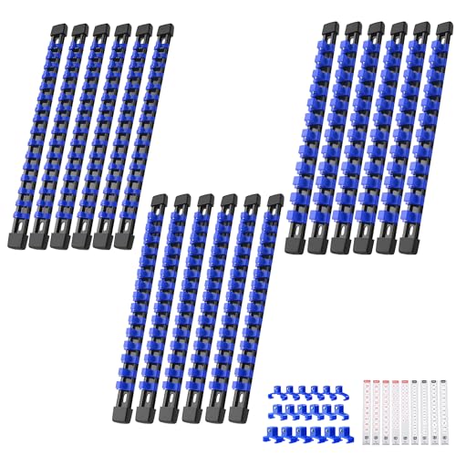 Image of Reniteco 18-Piece Socket Organizer Set - 1 /4-Inch x 96 Clips, 3 /8-Inch x 90 Clips, 1 /2-Inch x 72 Clips, Heavy Duty ABS Socket Holder, Premium Quality Socket Clip Rail Holder for Tool Box Drawer