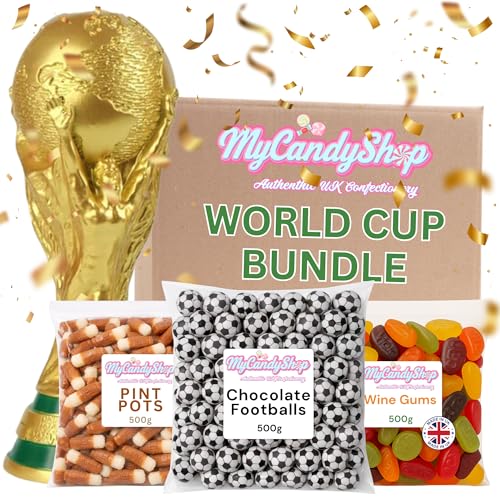 MyCandyShop World Cup Bundle - 3 x 500g Chocolate Footballs Pint Pots Sweets & Wine Gums Football Gifts Pub Snacks Jelly Sweets