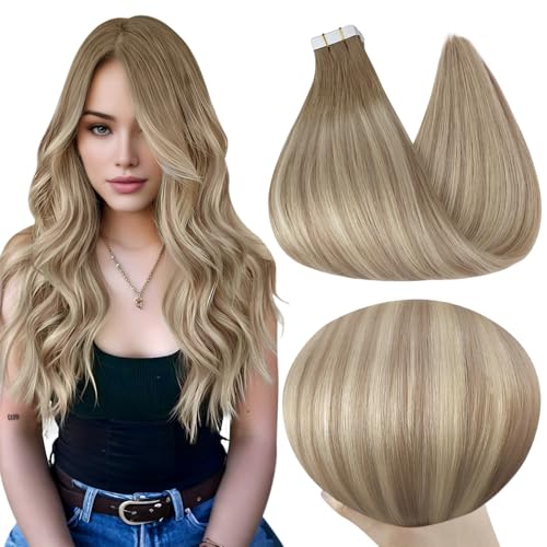 Image of Full Shine Hair Extensions Tape In, 20 Inch Ash Brown to Blonde | 50g 20 PCS, Remy Tape in Extensions, Blonde Highlights, Long Style, Enhanced Volume, Versatile Looks, Smooth Texture
