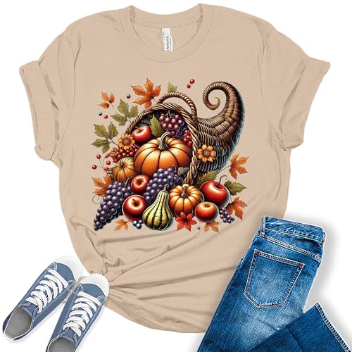 GyftWear Womens Fall Shirts Vintage Cornucopia Thanksgiving Graphic Tees Short Sleeve Casual Tops Large Zd - Tan
