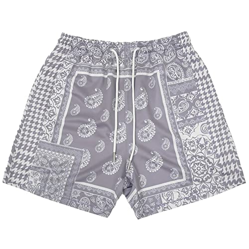 MECH-ENG Mens Paisley Shorts Mesh Graphic Bandana Print Boho Summer Beach Lightweight Drawstring Shorts(Grey Large)