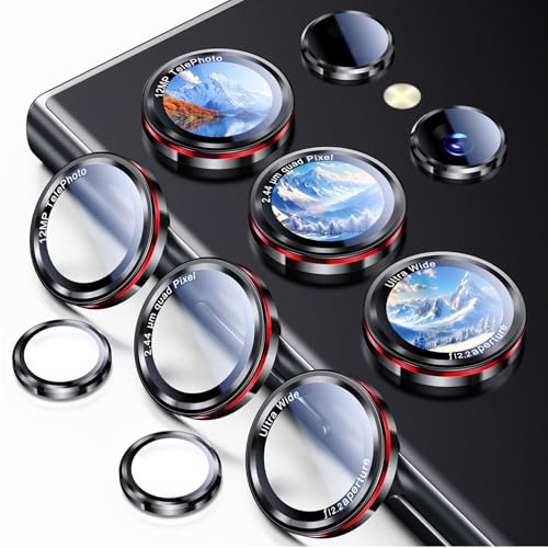 Uyiton for Samsung Galaxy S24 Ultra Camera Lens Protector - [Case-Friendly][Not Easy to Break] Military-Grade Tempered Glass with Aluminum Metal Rear Camera Screen Cover - Black+Red (6.8 inch)