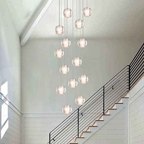 Puvaue Modern Foyer Chandelier 14-Lights High Ceiling Large Spiral Raindrop Pendant Lighting,Bubble Staircase Living Room Entryway Hanging Light Fixture Flush Mount W15.7 Xh118 Chrome #TOP7