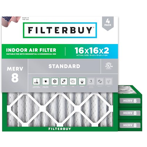 Filterbuy 16x16x2 Air Filter MERV 8 Essential Dust & Allergy Defense (4-Pack) Electrostatic Pleated HVAC AC Furnace Filters Replacement Made in USA (Actual Size: 15.50 x 15.50 x 1.75)
