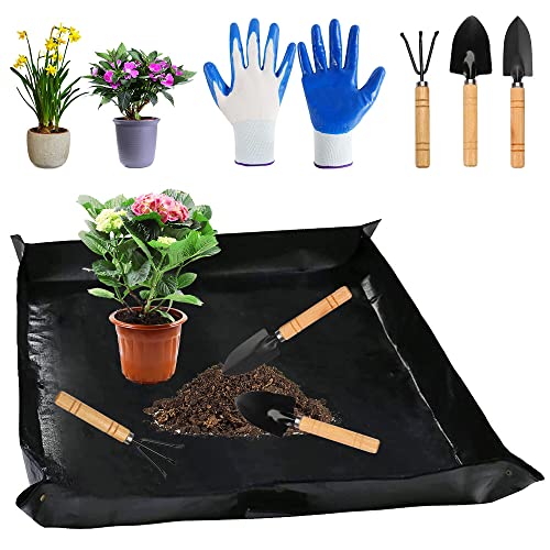 QINERSAW 100x100cm wasserdichte Pflanzen Gartenmatte Umtopfen Pflanzmatte Garten Umtopfmatte Pflanzen Faltbare Pflanzunterlage Gartenarbeitsunterlage Plant repotting mat mit Gartenwerkzeug Schwarz