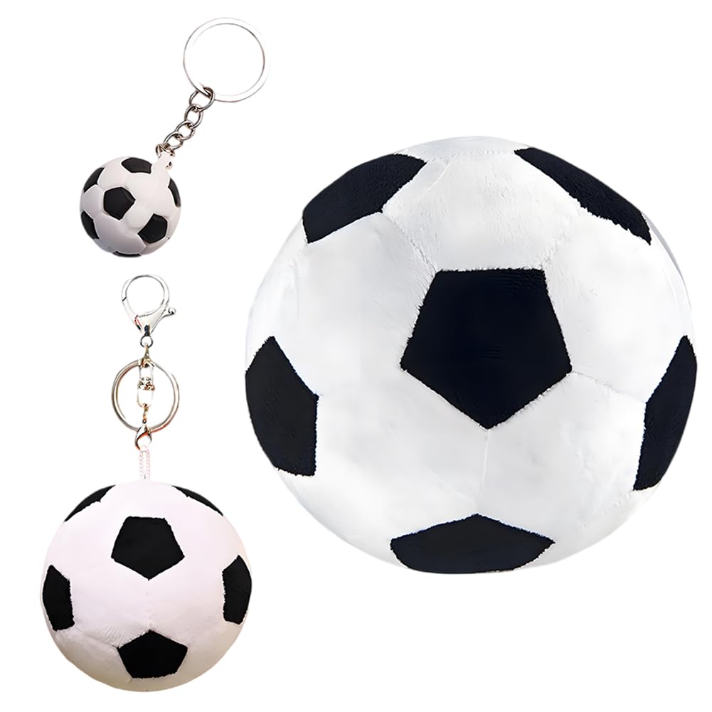 VorErgyllic Football Plush Toy 25cm with Football Keychain & PVC Pendant, Cute Soft Stuffed Cushion Doll for Kids Fans, Soccer Squishy Cuddly Toys for Sofa Bedroom Car Decor, Soccer Lover Gift Set
