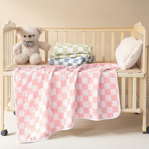 Image of Ultra Soft Cozy Cotton 6-Layer Muslin Baby Blanket 41 inch x41 inch Breathable Lightweight Pink Checkered Swaddle Blanket for Baby Girls Essentials Birthday Gifts All Seasons Both Sides