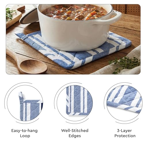 Image of Encasa XO Heat Resistant 100% Cotton Oven Glove & Potholder Set with Loop, Kitchen Cooking Mittens, Microwave Safe Hot Pads (Franca Blue Stripes)