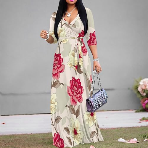 Image of PinkPatty Women's Print Maxi Dresses 3 /4 Sleeve Flowy Long Dress V Neck Wrap Tie Waist Sundress