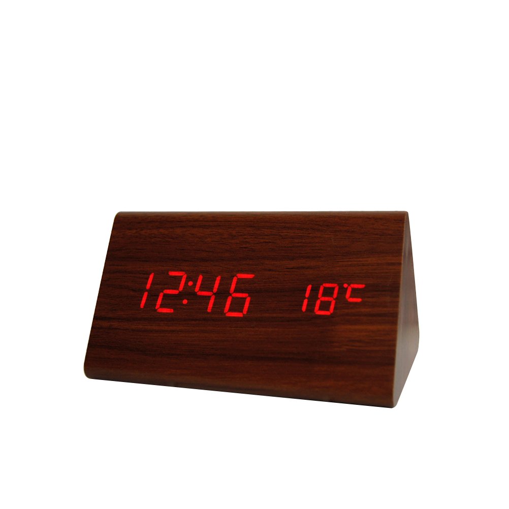 Tailcas® Multifunctional Triangle Digital Woodlike Clock / Desktop Clock / Alarm Clock with LED Display Date Time Temperature, Electronic Mini Alarm Clock for Home / Office Use (Brown Wood + Red LED)