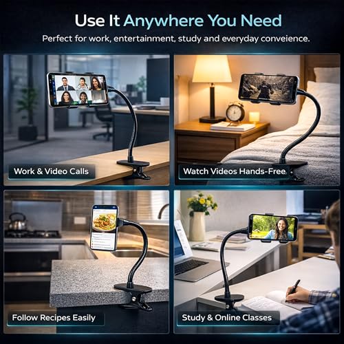 Image of SWAPKART Updated 2026 Flexible Mobile Tabletop Stand, Metal Built -for Video, Heavy Duty Foldable Lazy Bracket Clip Mount, Multi Angle Clamp for All Smartphones (Black)