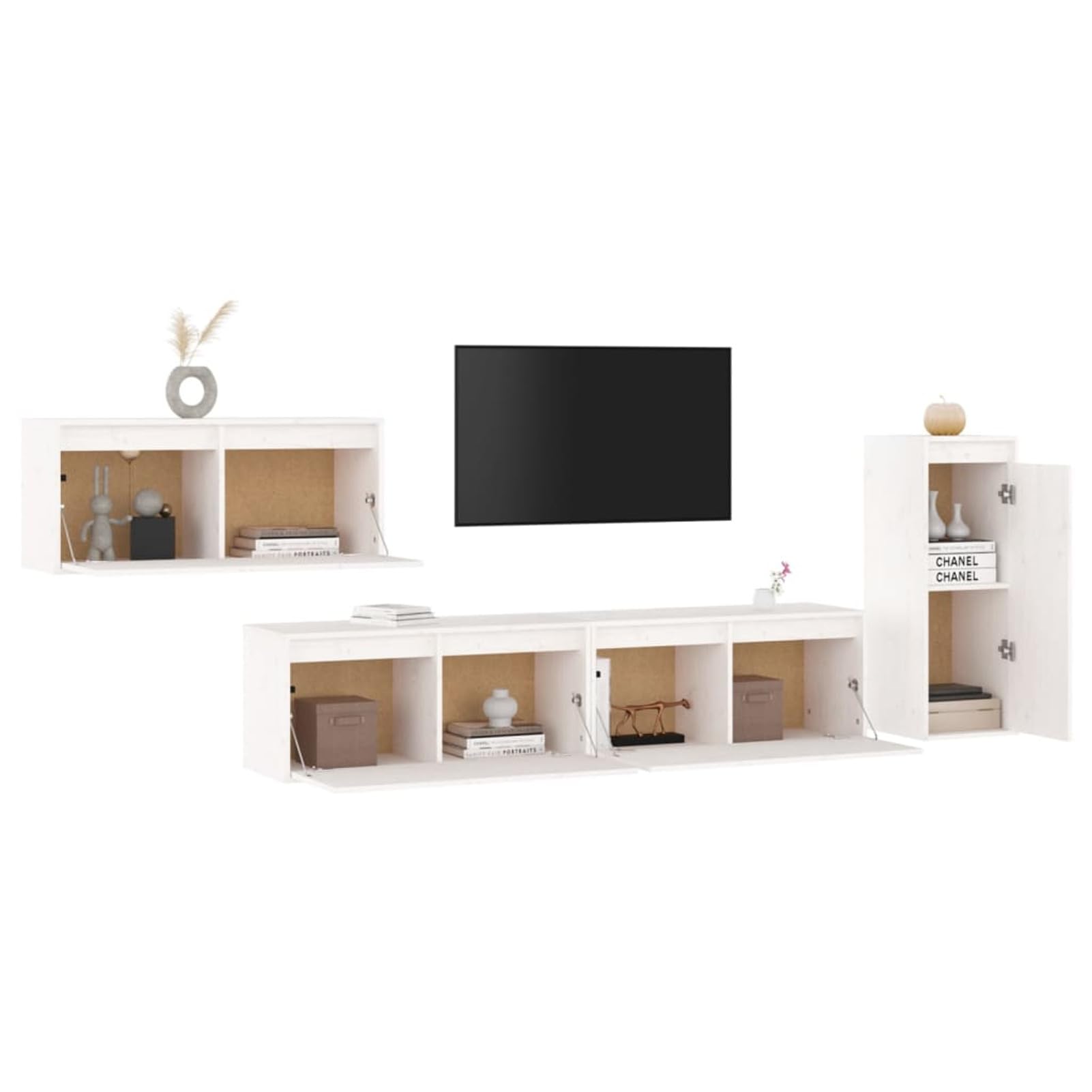 Juego de Soporte para TV de Madera de Pino - Muebles de Sala de Estar Blancos de 4 Piezas, Elegante Centro de Entretenimiento, Unidad de Pared para Sala de Estar, Muebles de TV contemporáneos -