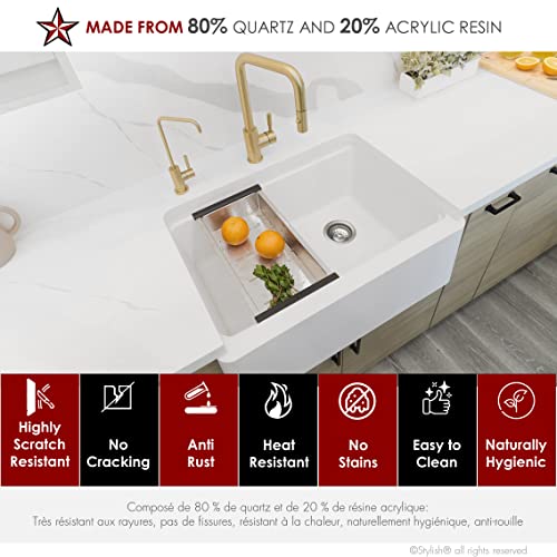 Image of Stylish 30 x 21 Inch Farmhouse Composite Granite Apron Front Workstation Kitchen Sink, Single Bowl Undermount /Flush-Mount, 10 in Deep, with Cutting Board, Colander & Strainer, White, S-830WH
