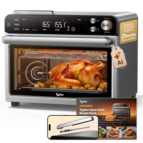 Typhur Sync Oven with Smart Wireless Meat Thermometer Probe, 12‑in‑1 Countertop Airfryer Toaster Oven Combo, 360° Turbo Convection, Dehydrator, Recipes & 5 Accessories, Large 27QT with Extra Wire Rack