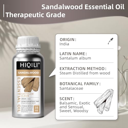 Image of HIQILI Sandalwood Essential Oil Long-Lasting Scent for Skin Care & Diffuser | Large Capacity for DIY Perfume Blending & Full-Body Massage, Ideal for Hotels, DIY Studio, Beauty Salon, Sauna - 16 fl oz