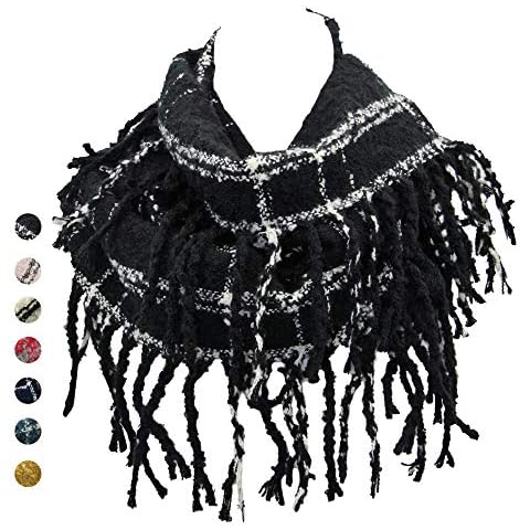 Contempo Lifestyles Plaid Infinity Scarf with Fringe – Fashion Colorful Lumberjack Unisex Scarf – Soft Winter Scarf, Black & White Women Scarf Cover