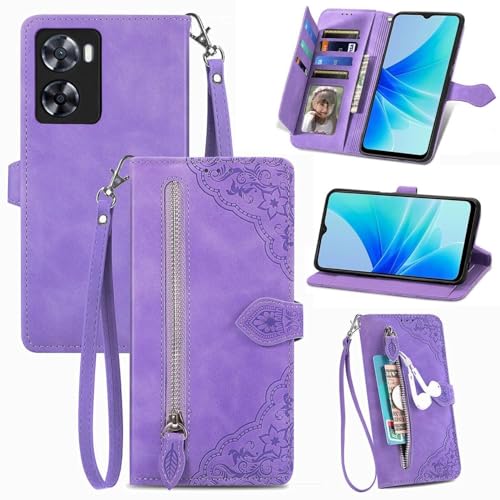 Genérico compatible con OPPO A77 5G Color: (púrpura) Patrón de cremallera cartera de cuero Flip Back case retro