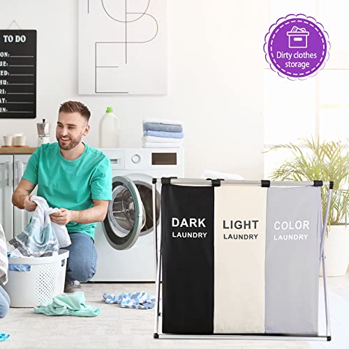 Laundry Cloth Hamper Sorter Basket Bin Foldable 3 Sections With Aluminum Frame 26''×24''H Washing Storage Dirty Clothes Bag For Bathroom Bedroom Home Storage Basket (3 Liner, White+Grey+Black) #TOP6