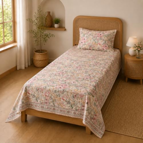 Image of BSB HOME 240 TC Premium Single Bed Bedsheet, Soft Floral Printed Bed Sheet, Elegant Cotton-Look Bedding with Stylish Floral Pattern Bedsheet for Bedroom, 60 x 90 Inches (152 x 229 cm) - Pale Sand