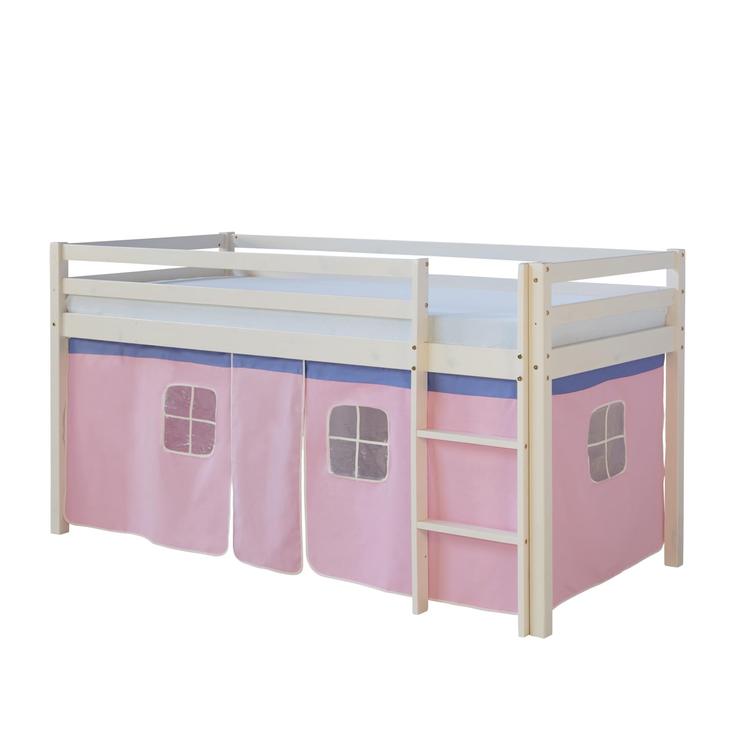 Homestyle4u Kinderhochbett 90x200 - Kiefer Weiß - Hochbett mit Rutsche | Inklusive Matratze, Lattenrost und rosa Vorhang - stabiles Massivholz - Leiter beidseitig montierbar - Bett für Kinder