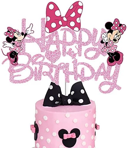 Pink Mouse Birthday Cake Topper, Glitter Pink Bow Mouse Happy Birthday Cake Decoration for Pink Mouse Baby Shower Girl Birthday Party Supplies