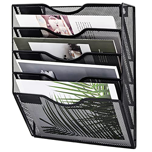 EASEPRES 5 Tier Wall File Holder Organiser Mesh Wall Mounted Paper Magazine Storage Rack, Metal Hanging Wall Files Mail Document Holder Storage for Office and home, Black