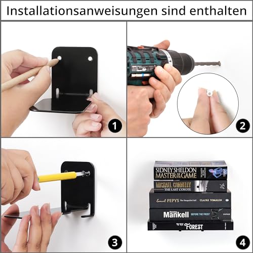Winter Shore Unsichtbares Schwarzes Bücherregal Wand [4er-Pack] - Robustes Wandregal Metall aus Eisen zur Wandmontage für Büro, Schlaf- & Wohnzimmer - Deko Bücherregal Schwebend mit Montagematerial
