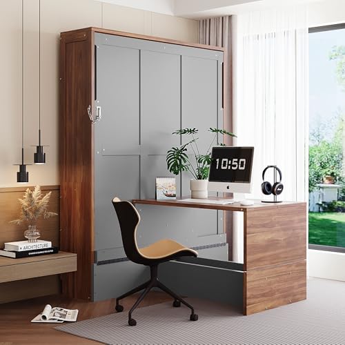 THINK 30 Murphy Bed with Foldable Desk – Space Saving Wall Bed, Full Size, Walnut & Gray
