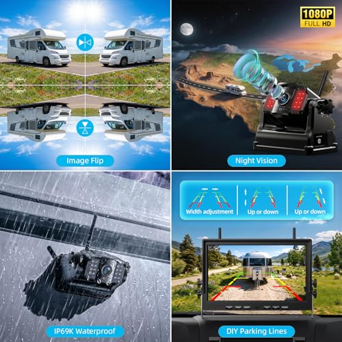 Image of eRapta Magnetic Wireless Backup Camera Kit with HD1080P 10 inch DVR Monitor, Dual RV /Trailer /Truck /Tractor Cameras Wireless System, No Wiring, 9600mAh Rechargeable Battery, IR Night Vision-ACT1002