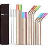 StrawExpert 16 Pack Rose Gold Reusable Metal Straws with Silicone Tip & Travel Case & Cleaning Brush