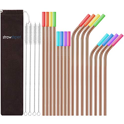 Strawexpert 16 Pack Rose Gold Reusable Metal Straws With Silicone Tip & Travel Case & Cleaning Brush,Long Stainless Steel Straws Drinking Straw For 20 And 30 Oz Tumbler #TOP4