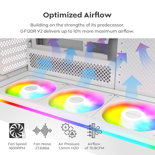 Image of MONTECH GF120R V2 ARGB 120mm Case Fan - Sleek & Minimalist Design, High Airflow, Hydraulic Bearing, Quiet Performance, Vibrant ARGB Lighting, Reverse Blade, 3 in 1 Pack with 6X6 Fan Hub, White