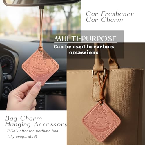 GLIMEXY Leather Rearview Mirror Accessories Bible Verse She will not Fall Religious Gifts for Women New Car Smell Leather Car Air Freshener Hanging Bag Charms for Handbags — view 6