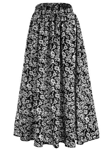 Maxi Skirt for Women Floral Boho A-line Long Summer Skirts with Elastic High Waist Adjustable Drawstring, Pockets